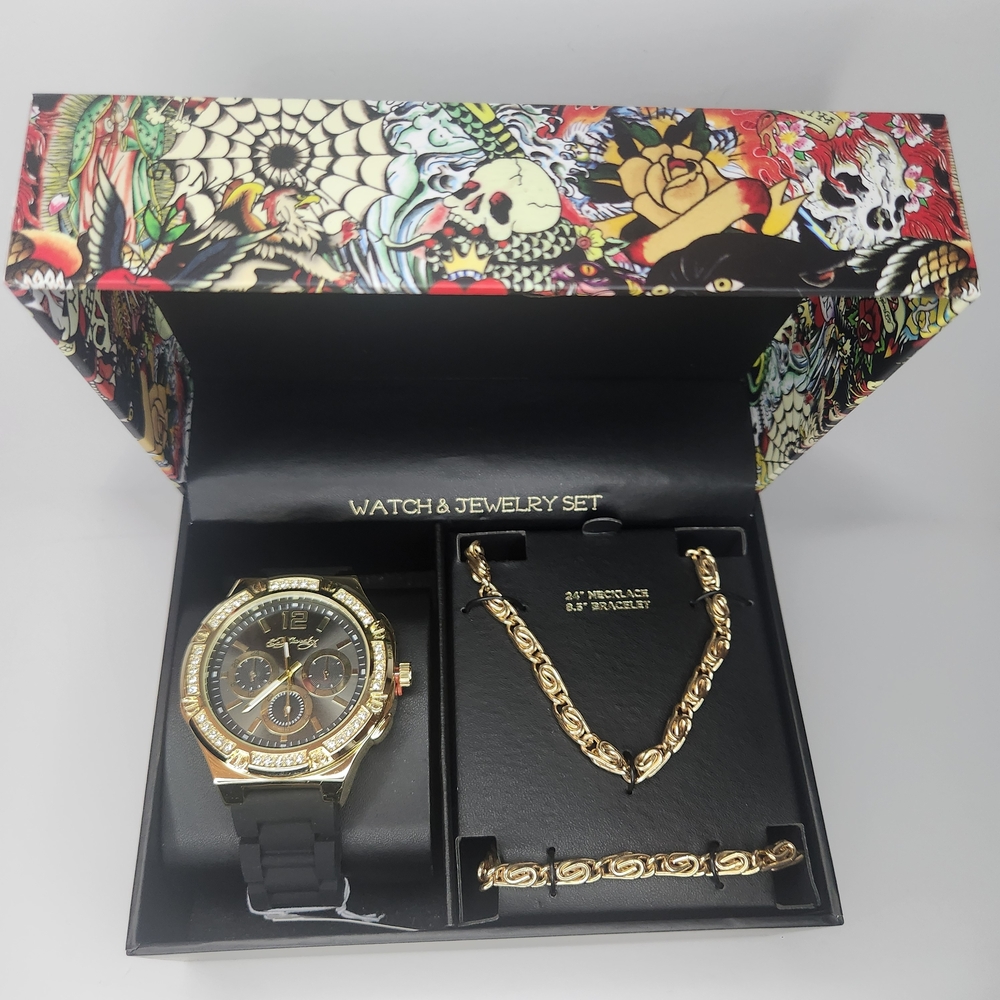 🚫 SOLD Ed Hardy Gold and Black Watch & Jewelry Set For Men